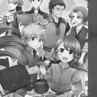 Eine Gruppe fröhlicher Anime-Charaktere, einige halten Essen und Kochutensilien in der Hand.