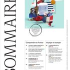 Texte: "SOMMAIRE", "Comprendre la France", "Voyager et manger", "En couverture: fiers, contestataires..."  
Collage: Eiffelturm, Mode, Makronen, Wein, Flagge.