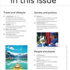 Texte: In this issue; Travel and Lifestyle; Society and politics; People and places; Bild: Kajak in Gletscherbucht, Eishockeyspieler.