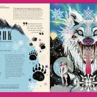 "AMAROK" - Einsamer, monströser Wolf. Heimat: Arktische Regionen Grönlands und Kanadas. Illustration: weißer Wolf mit Schneeflocken.