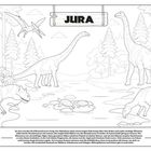 Text: "JURA"

Illustration von Dinosauriern in einer Waldlandschaft. Ein Flugsaurier fliegt.