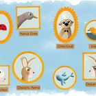 Illustration von Tierporträts in bunten Rahmen mit den Namen: Ursl, Mama Ente, Otterkind, Oskar, Küken, Peter, Lämmchen, Oskars Mama, Oskars Papa.