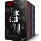 "hide, seek & kill" in gotischer Schrift, rote Rosen und Totenschädel, schwarzer Hintergrund.