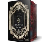 "Ihr seid meine Sünde, ich bin eure Besessenheit. Haunted Dusk. Schwarzer Hintergrund, floraler Rahmen, roter Baum."