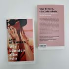 Zwei Buchseiten: links "Jami Attenberg: Wir könnten alles sein", rechts "Vier Frauen, vier Jahrzehnte." auf rosa Hintergrund.
