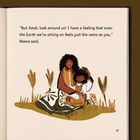 „But Amal, look around us!...“ Illustration einer Frau mit Kind auf einer Wiese sitzend.