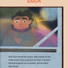 Text: „ZULA“ und unter einem Bild: „Next Stop: Planet Cloz." Darunter steht: „After what had felt like forever..." Eine Illustration zeigt eine Figur mit ängstlichem Gesichtsausdruck.