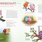 Text: FREUNDSCHAFT. Freunde vertrauen, Austausch, Mitgefühl. Illustration: Bunte, freundliche Monster in Interaktionen.