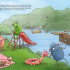 Text: Eddie geht mit Freunden ins Schwimmbad. Illustration: Vier bunte Monster, eines auf Rutsche, eines am Steg, fröhliche Atmosphäre.