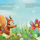 Text: "Oha!, rief das Eichhörnchen..." 
Illustration: Ein fröhliches Eichhörnchen, bunte Blumen, Glitzerstaub in der Luft.