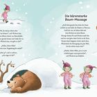 Ein Bär steht an einem Baum. Ein Wichtel daneben. Ein Wichtel spricht mit einem Bären vor einer Höhle. Schneeszene. Illustration.