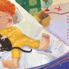 Text: "Trapp-trapp, die Sohlen, klapp-klapp, die Zehen..." Illustration eines Kindes im Bett mit rotem Haar und schwarzer Katze.