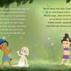 Zwei Texte beschreiben Kinder beim Spielen und das Lernen, aufs Töpfchen zu gehen. Im Hintergrund grüne Natur und Seifenblasen.