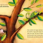 Texte: Leon sagt, er sei mittelgroß, mittelschnell, durchschnittlich. Illustration: Chamäleon auf Ast, daneben ein träger Löwe.