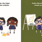 Links: "Sokrates glaubte, dass Lügen andere Menschen verletzen." Rechts: "Andere Menschen zu verletzen schadet auch dir selbst." Links steht ein Mann mit Bart neben zwei Kindern; rechts stehen die Kinder vor verschütteter Farbe.
