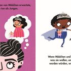 Links: "Sie mochte es nicht, dass man von Mädchen erwartete, andere Dinge zu tun als Jungen." Unten: Zwei Kinder spielen.