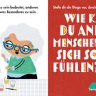 Links: "Konfuzius dachte, gütig zu sein bedeutet, anderen das Gefühl zu geben, etwas Besonderes zu sein."  
Rechts: "Wie kannst du anderen Menschen helfen, sich so zu fühlen?" Zwei Menschen mit einem Regenbogenbild.
