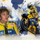 FEBRUAR; Motorrad mit "CAMEL" und "YAMAHA" Logos; Fahrer in gelber Rennkleidung; künstlerischer Hintergrund.