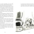 Texte: Zwei Seiten aus einem Buch; Seite 48 enthält Texte über Vinzenz und Büroveränderungen; Seite 49 über ein Axolotl.

Illustration: Ein Axolotl in einem Aquarium neben einer Kaffeemaschine.