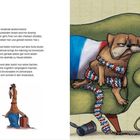 Links: Ein Gedicht über Strickerei und Reise. Rechts: Illustration eines mürrischen Hundes in Wollkleidung auf einem Sofa.