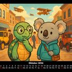 Oktober 2026, Kalenderansicht. Illustration: Schildkröte und Koala in einer antiken Stadt mit Autos und Flugzeugen.