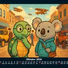 "1. bis 31. Oktober 2026". Illustration: Schildkröte und Koala in Altstadt, alte Autos, Flugzeuge am Himmel.