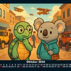 Kalender für Oktober 2026. Illustration zeigt eine Schildkröte und einen Koala in einer alten Stadt mit Autos und Flugzeugen.