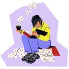 Person sitzt lesend mit einer Tasse und einem Buch, Katze daneben; stilisierte Illustration in lila Hintergrund.