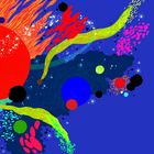 Abstrakte Illustration mit bunten Formen: großer roter Kreis, grüne Bögen, blaue und schwarze Kreise auf dunkelblauem Hintergrund.