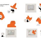 Text: "An diesem Tag war das Dingsbums viele Dinge ..." Kleine Figuren interagieren mit orangen, formverändernden Wesen.