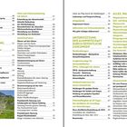 Diese Doppelseite listet detailliert Inhalte zu Almbewirtschaftung und rechtlichen Aspekten der Landwirtschaft auf. Links unten ein Bergbild.