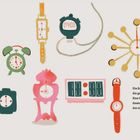 Die Erde dreht sich die ganze Zeit. Uhren in verschiedenen Stilen und Farben, und ein Fuß mit bunter Nagelkunst.