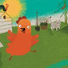 Ein fröhliches Huhn tanzt neben einem Hühnerstall, Ziegen, Vögel und eine Katze in einer grünen Wiese.