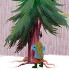 Eine Illustration zeigt eine Person mit blauen Mantel, braunen Haaren vor einem großen Baum mit grünen Nadeln.