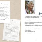 „Zum Geleit“ in blauer Schrift. Foto einer älteren Frau lächelnd. Zwei handgeschriebene Briefe auf beigem Hintergrund.