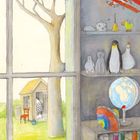 Eine Illustration zeigt ein Fenster, draußen eine Hütte mit einem Polster, drinnen ein Regal mit Spielzeug, ein Globus und Bücher.