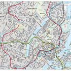 Text: "København, Copenhagen, Copenhague". Stadtkarte mit Straßen, roten und grünen Linien für Metro. Beinhaltet Orientierungskarten.