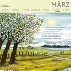 MÄRZ. Die Tage werden länger. Endlich! Illustration von blühenden Bäumen, einem Fuchs und einer Landschaft im Frühling.