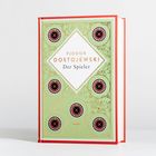 “FJODOR DOSTOJEWSKI Der Spieler” auf grünem Cover mit Roulettescheiben und roten Akzenten.