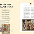 DIE GESCHICHTE DES JAKOBSWEGS. Eine Seite mit Texten über die Geschichte und Bedeutung des Jakobswegs, illustriert.