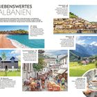 "Liebenswertes Albanien" oben. Text beschreibt Strände, Gastfreundschaft, Geschichte, Alpen und Kaffeekultur. Fotos von Natur und Städten.