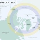 "WO MAN DAS LICHT SIEHT" erklärt die Sichtbarkeit von Nordlichtern in einer Karte, die das Aurora-Oval zeigt.