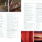 Texte zu Fragen aus verschiedenen Kategorien wie "Besondere Orte", "Kultur und Sightseeing", "Food" und "Mindset Growth Learning". Oben links eine Baumallee, rechts ein Leopard. Unten rechts Schreine und ein Sonnenuntergang.