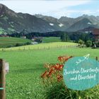 Text: "Zwischen Oberstaufen und Oberstdorf." Ländliche Idylle mit grünen Wiesen, Bergen und einem traditionellen Haus.