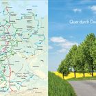Links Karte Deutschlands mit Routen. Rechts blühende Allee unter blauem Himmel. Text: „Quer durch Deutschland“.
