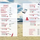 Inhaltsverzeichnis mit Kapiteln und Seitenzahlen, darüber Hintergrund eines Strandes. Symbole: Schlüssel, Handy, Rahmen.