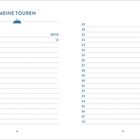 „MEINE TOUREN“ als Überschrift, gefolgt von einer Liste für Tournummern und Seitenzahlen, dekoriert mit einem Bergsymbol.
