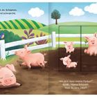 „Die Schweine sonnen sich im Schlamm. Papa Schwein schläft und schnarcht.“ Illustrationen von Schweinen auf einem Bauernhof.