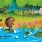 "Der Panther und das Stachelschwein hüpfen dort auf einem Bein." Ein Panther und Stachelschwein hüpfen über Steine. Ein Elefant und Chamäleon schauen zu. Umgebung: Wald, Fluss.