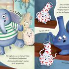 „Echt, ein Elefant?“, ruft eine kleine Vase. Ein Elefant im Porzellanladen. Vasen werden blass und ängstlich. Farbenfrohe Illustration.